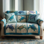 Sea Turtles and Fish in Teal Squares Sofa Cover