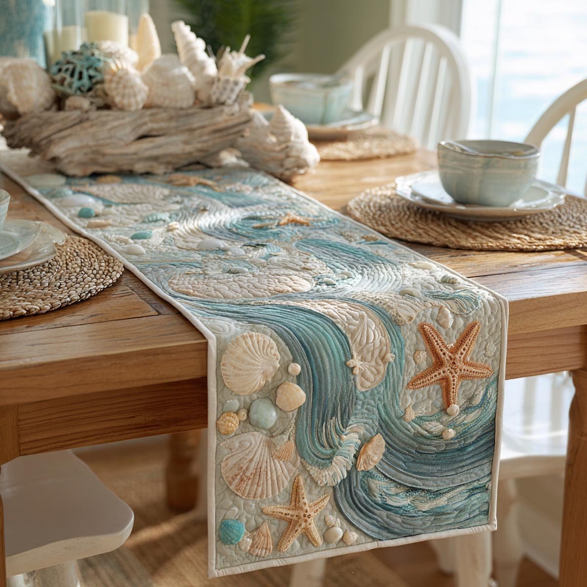 Shells on Pale Blue Sand Table Runner
