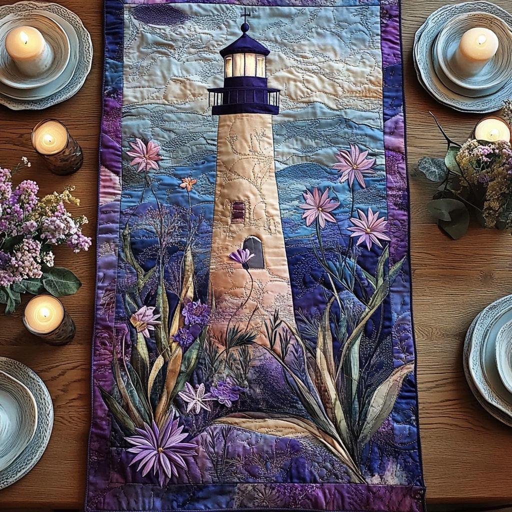 Lighthouse with Pink Blossoms in Purple Table Runner