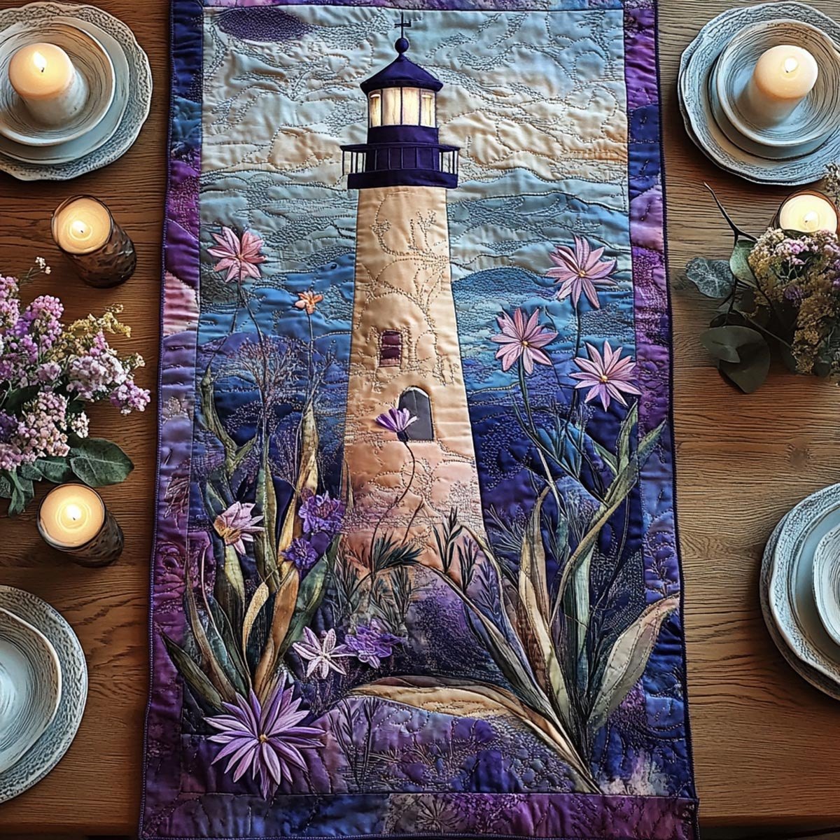 Lighthouse with Pink Blossoms in Purple Table Runner