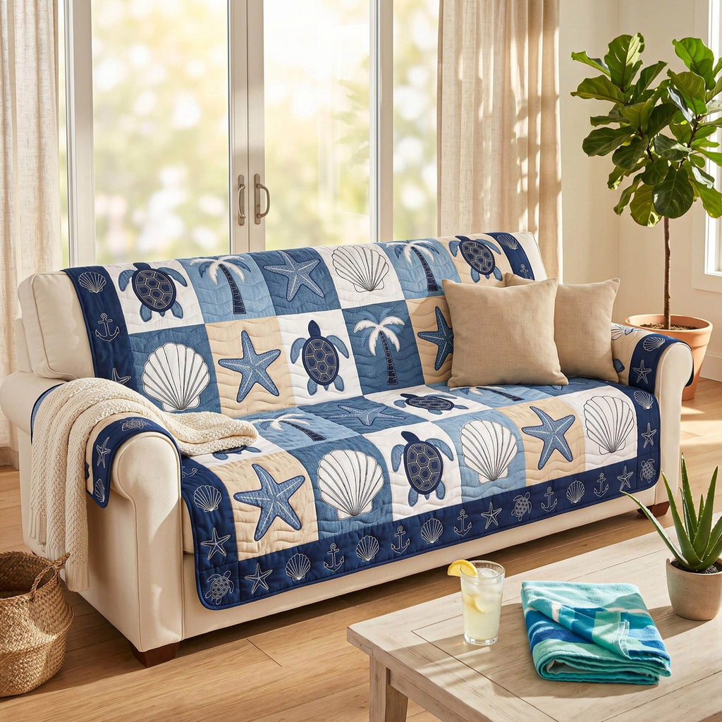 Navy and White Coastal Motif Blocks Sofa Cover