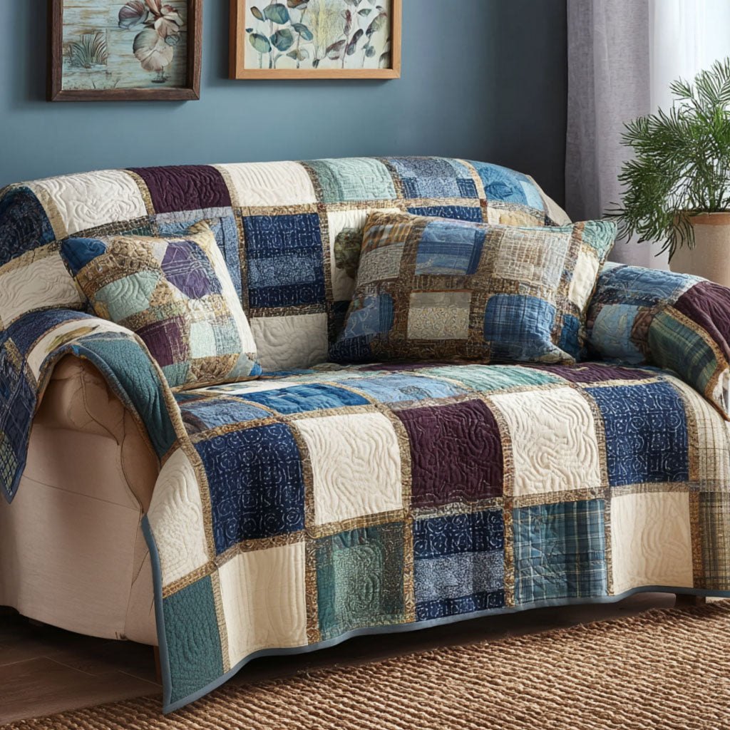 Coastal Patchwork in Cream and Navy Sofa Cover