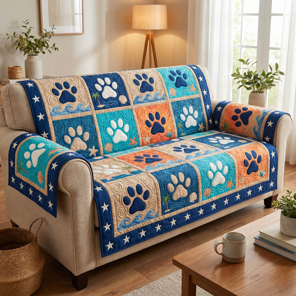 Paw Prints on Navy and Amber Blocks Sofa Cover