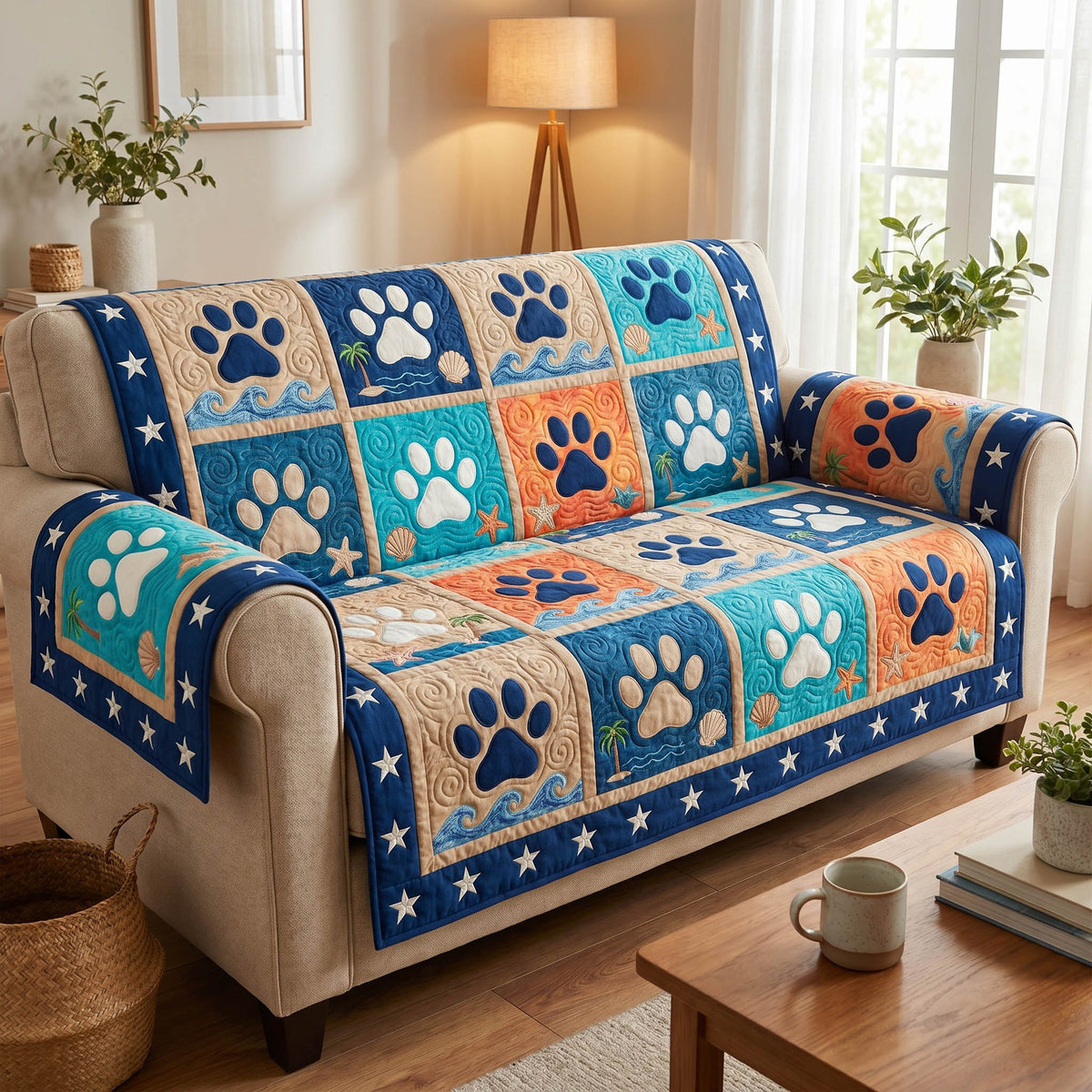 Paw Prints on Navy and Amber Blocks Sofa Cover