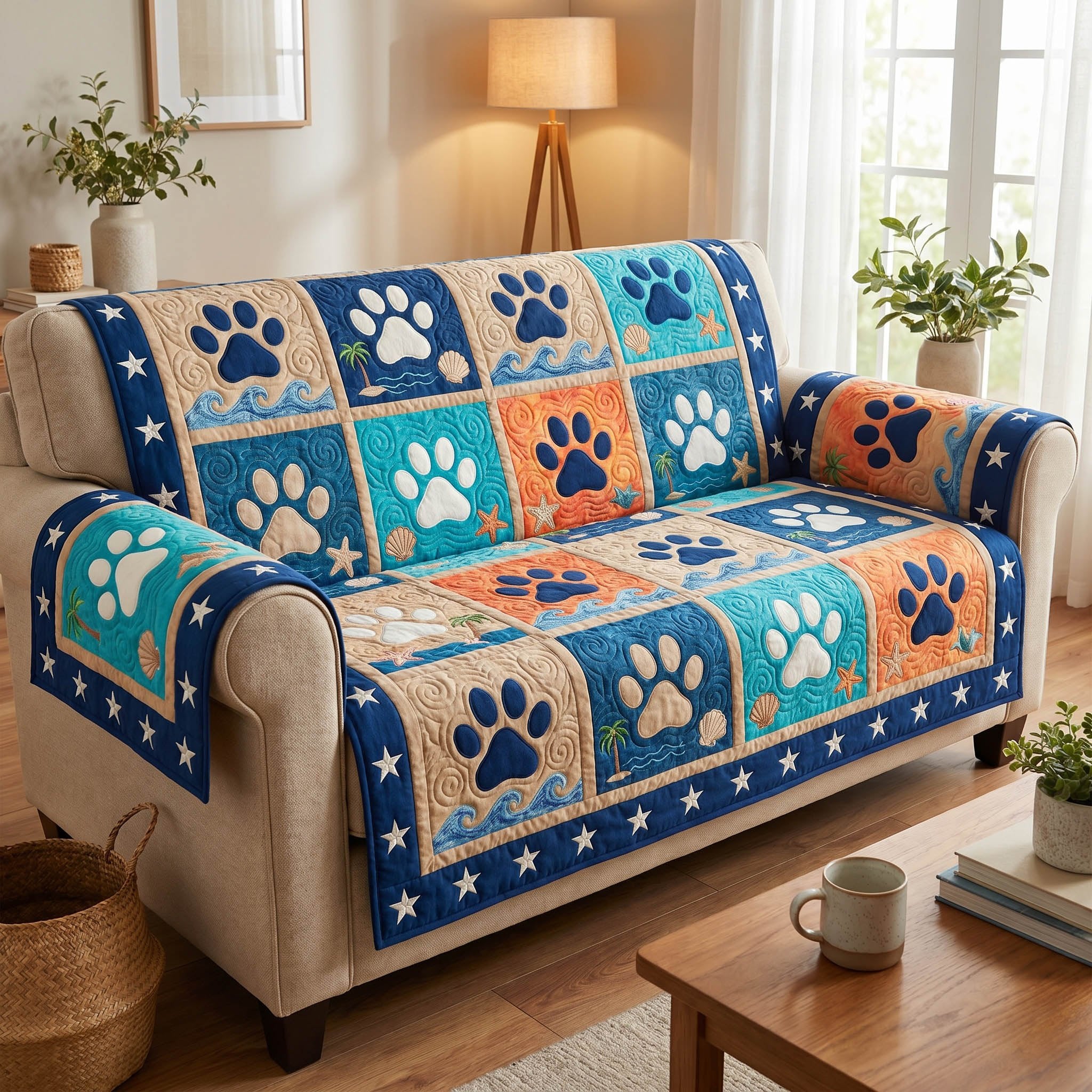 Paw Prints on Navy and Amber Blocks Sofa Cover