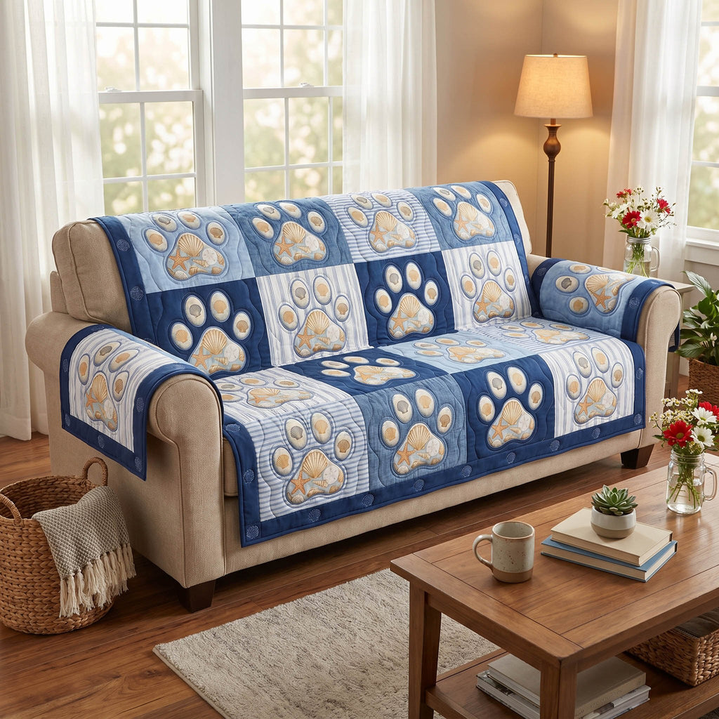 Paw Prints in Soft Blue Squares Sofa Cover
