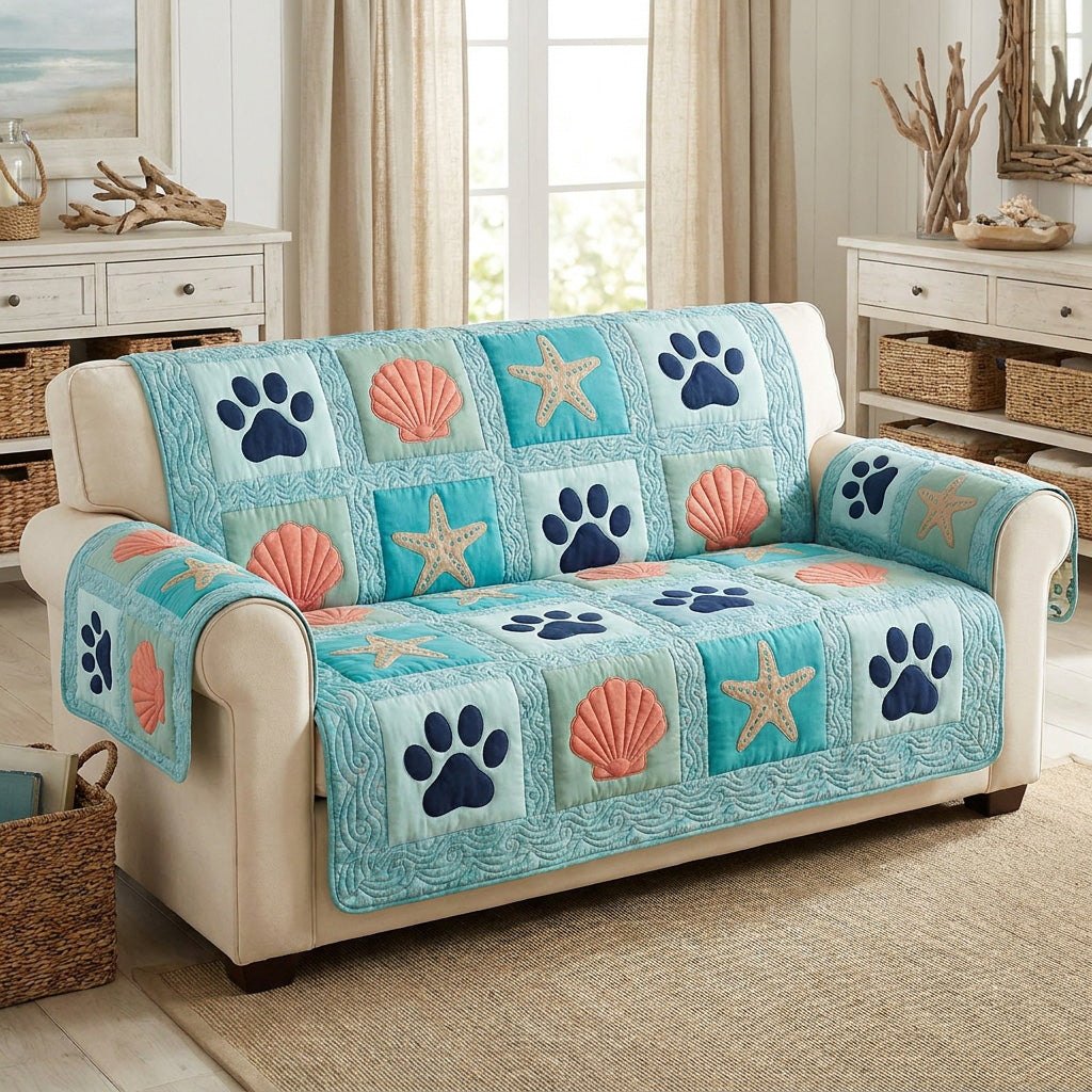Paw Prints with Shells on Aqua Sofa Cover