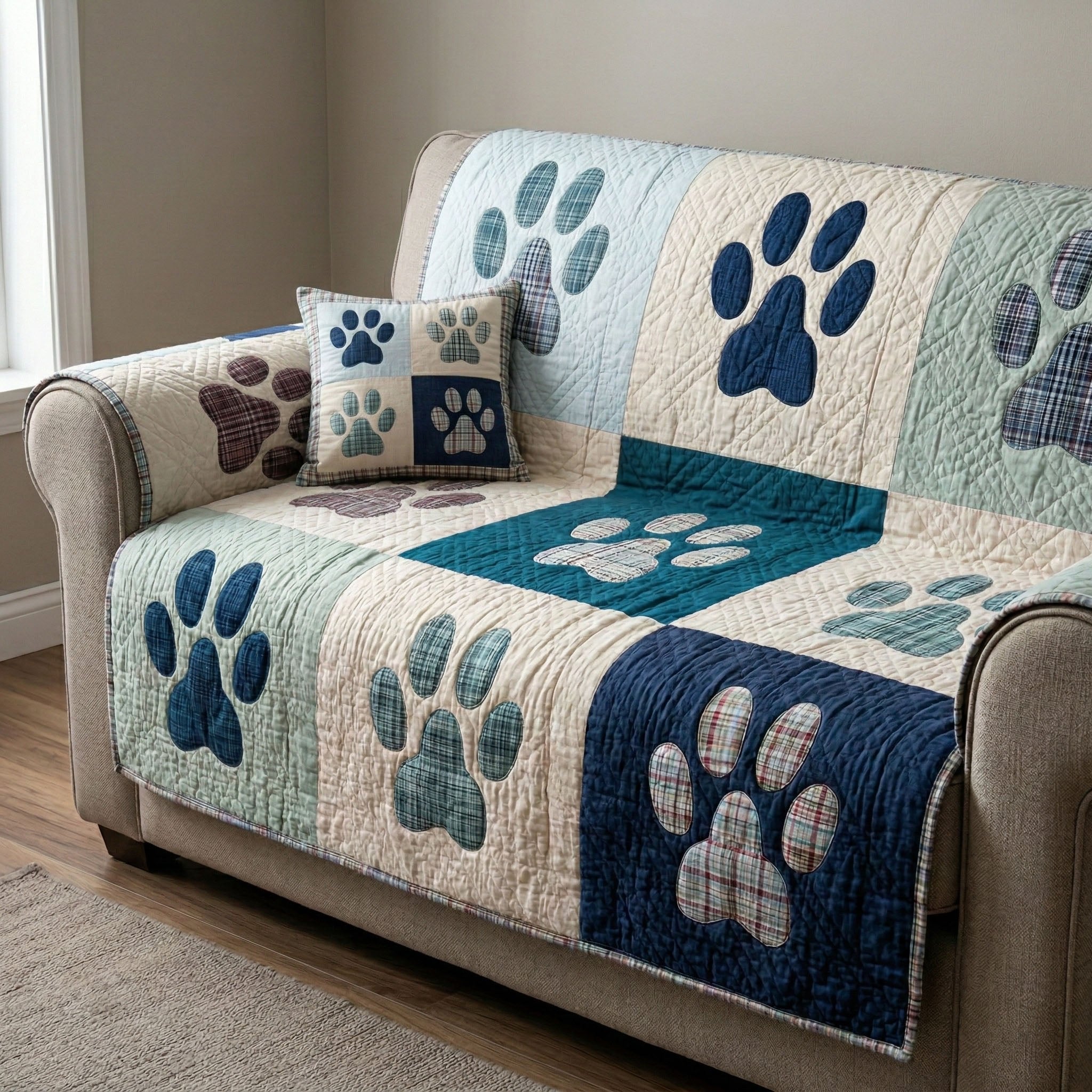 Coastal Plaid Paws Sofa Cover