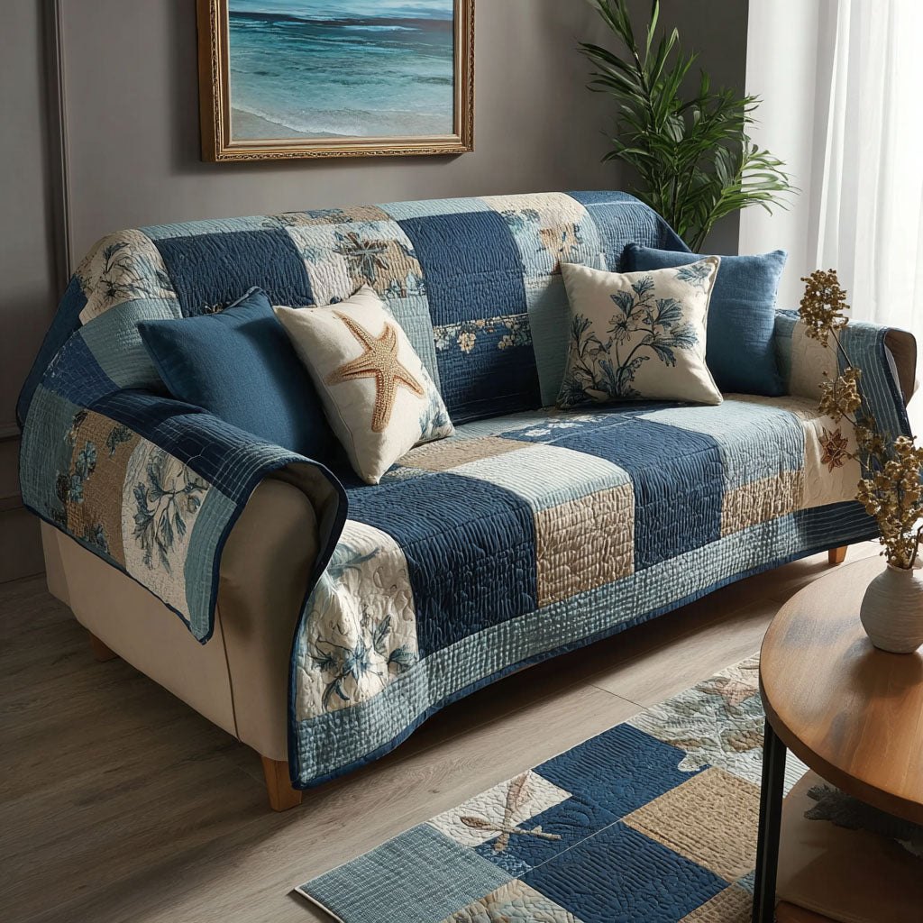 Denim Stripes with Starfish Accents Sofa Cover