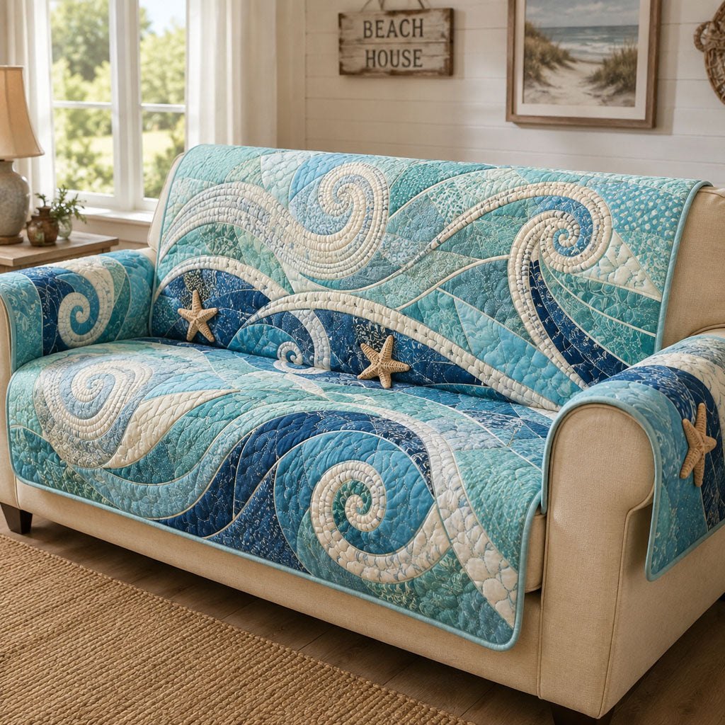 Swirling Teal Waves and Starfish Sofa Cover