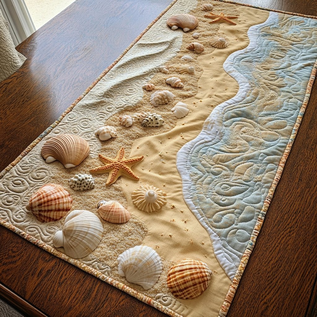 Shells and Starfish on Cream Sand Table Runner