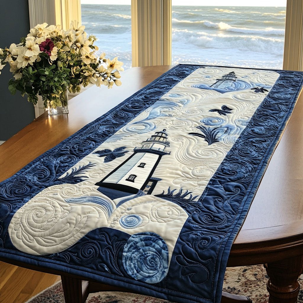 White Lighthouse on Navy Waves Table Runner