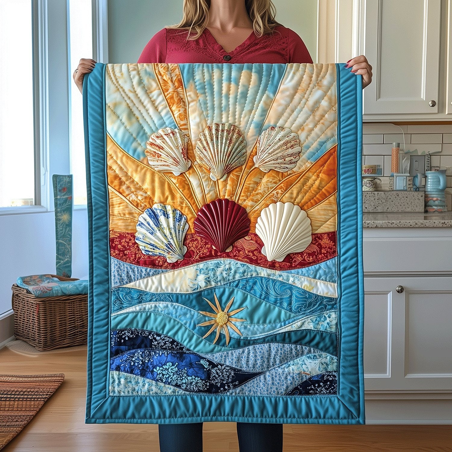 Shells Under a Golden Sunburst Table Runner