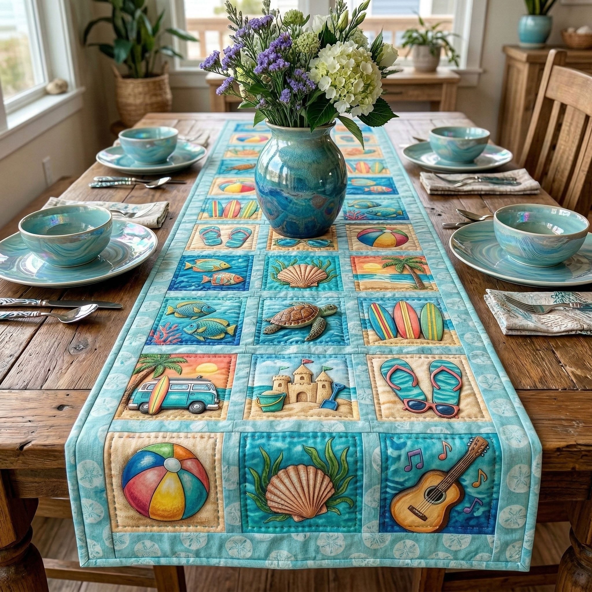 Beach Icon Blocks in Aqua Table Runner