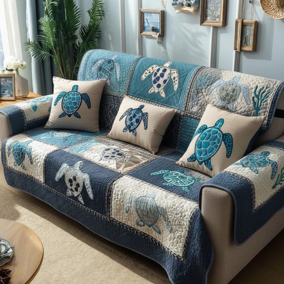 Sea Turtles on Navy and Cream Blocks Sofa Cover
