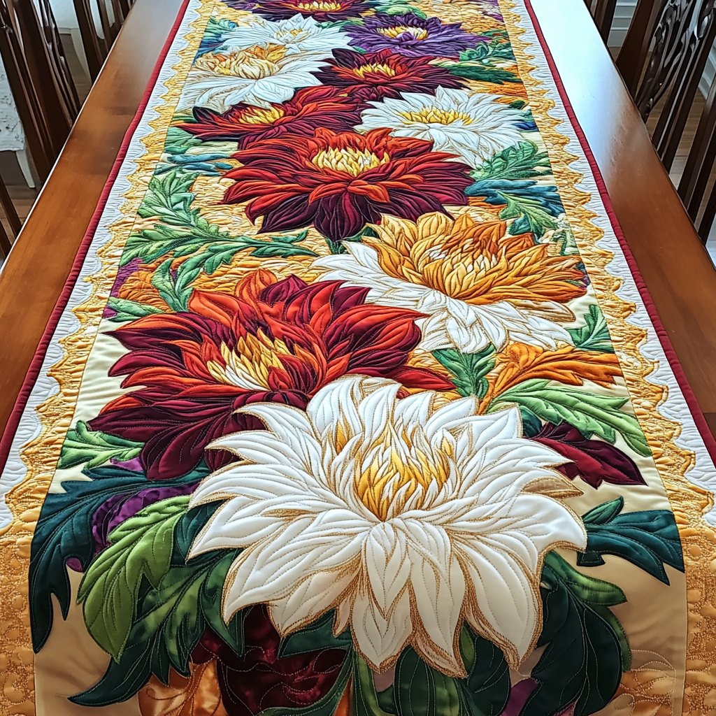 White and Red Dahlias Table Runner