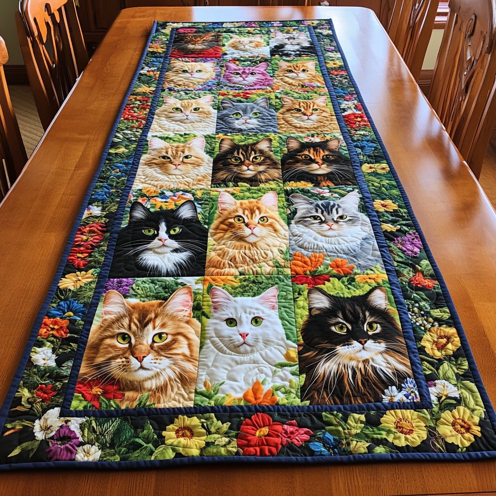 Colorful Cat Peeking Table Runner