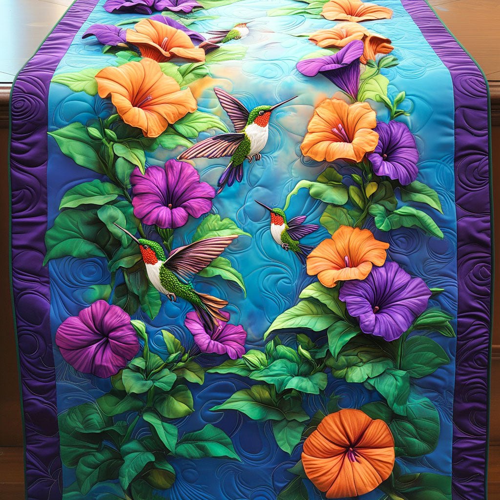 Hummingbirds with Purple Petunias Table Runner