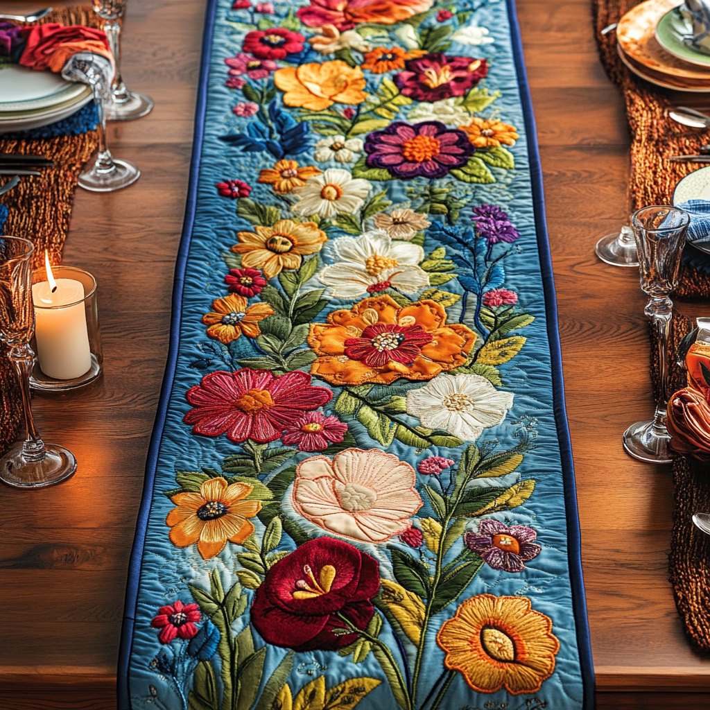 Garden Blooms on Blue Stripe Table Runner