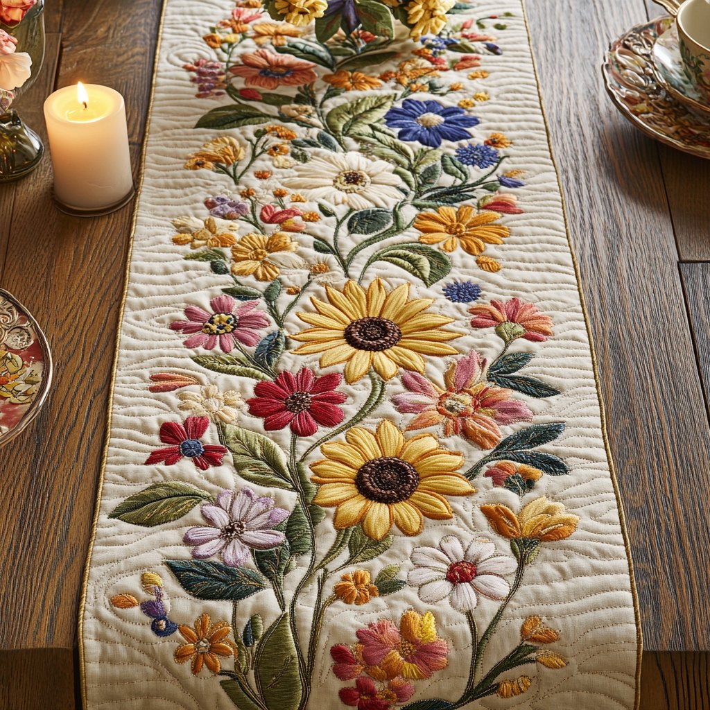 Sunflowers and Cosmos on Cream Table Runner