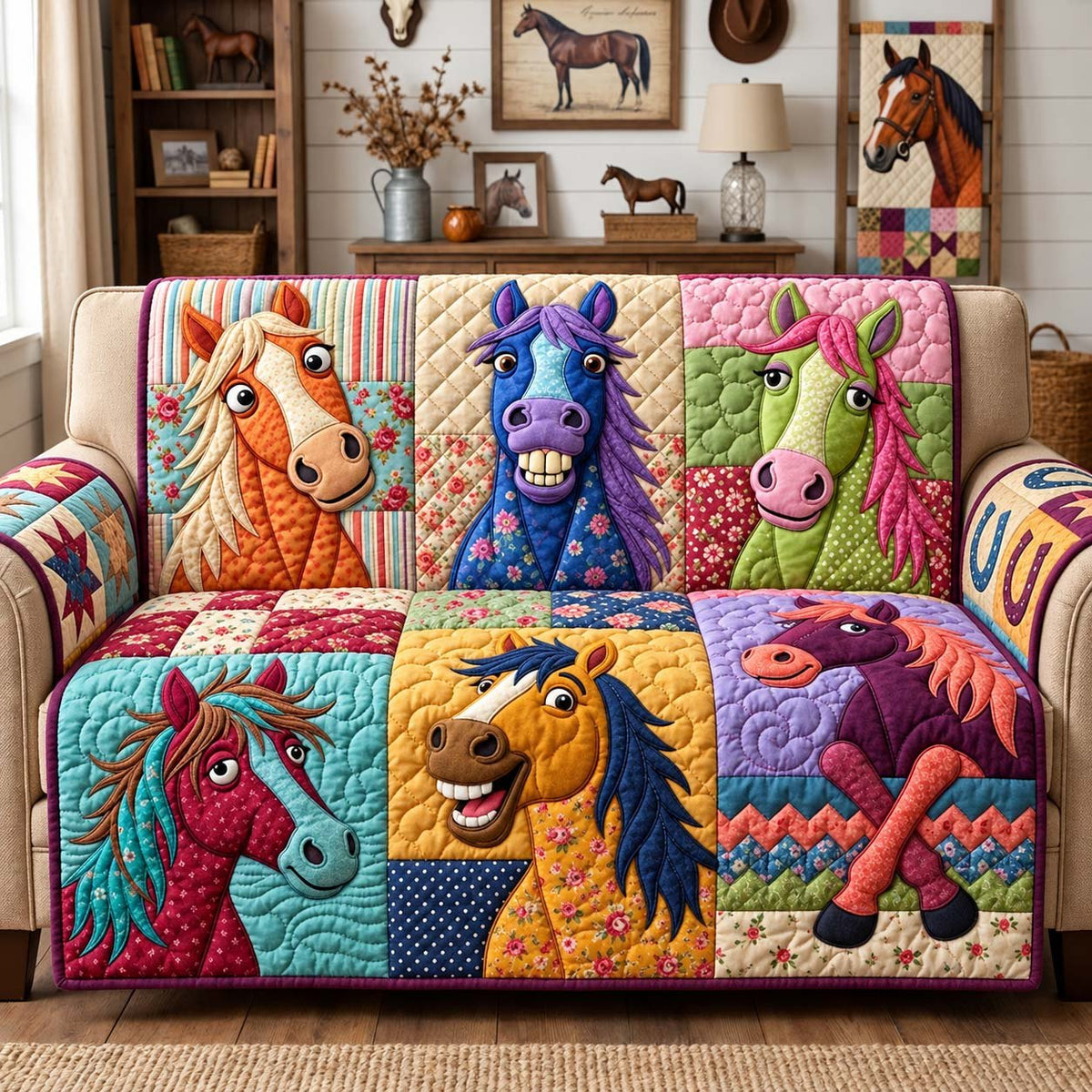 Colorful Horse Faces Sofa Cover