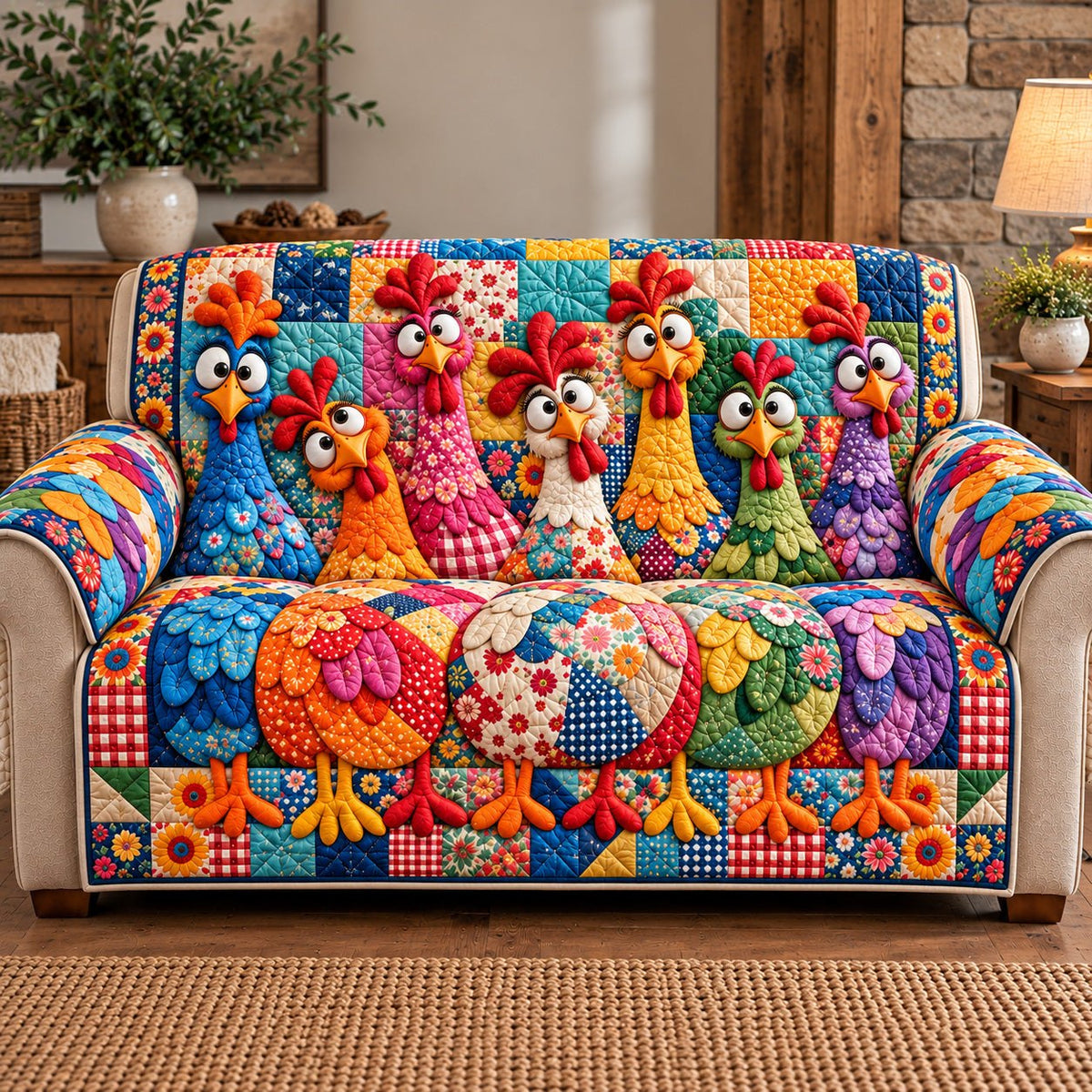 Colorful Patterned Hens Sofa Cover