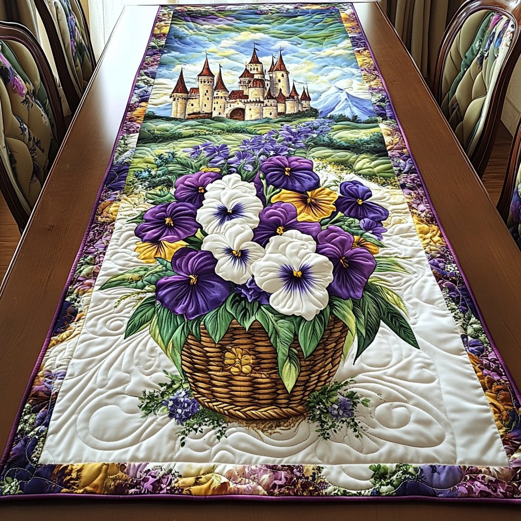 Pansy Basket in Purple and White Table Runner