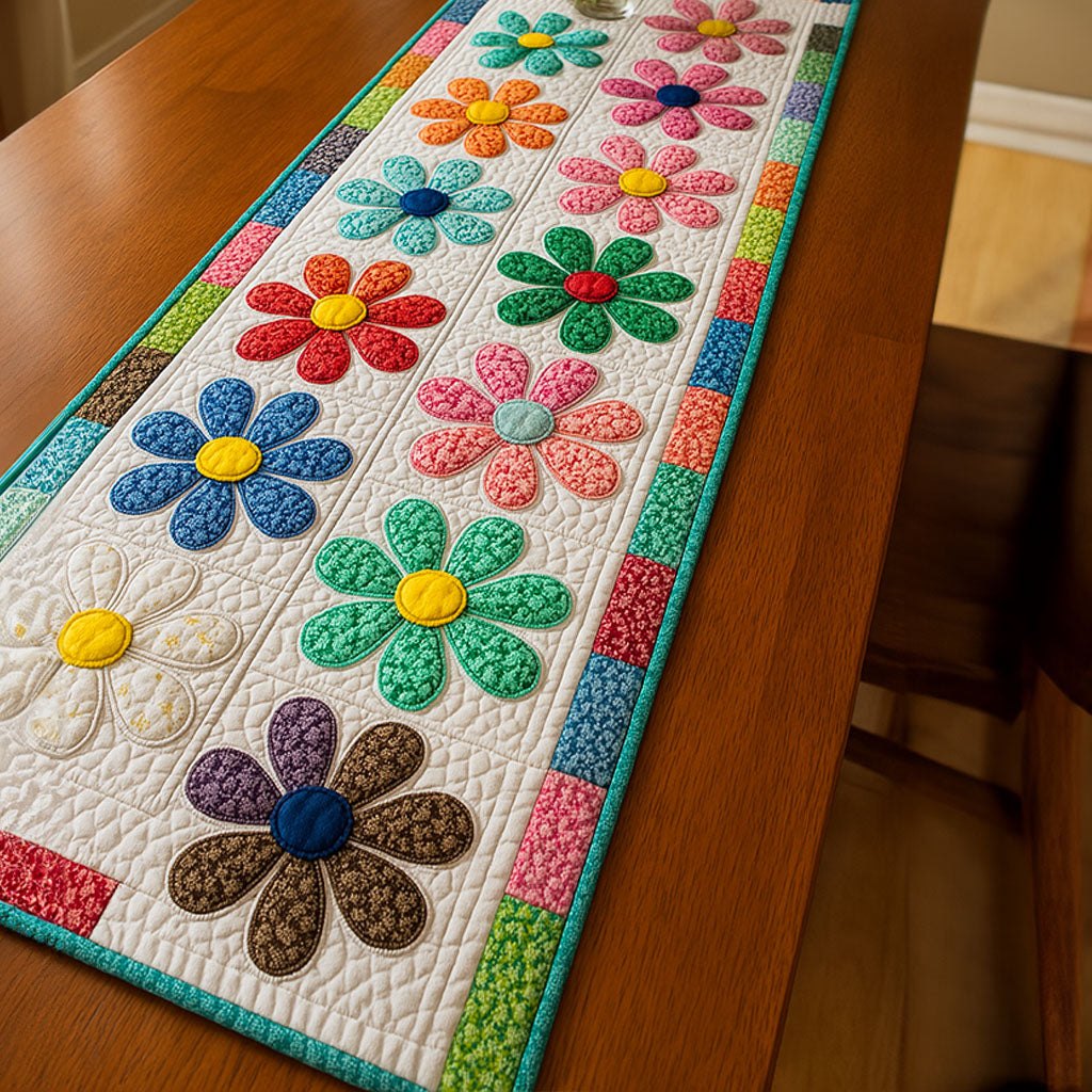 Bright Daisies on White Grid Table Runner