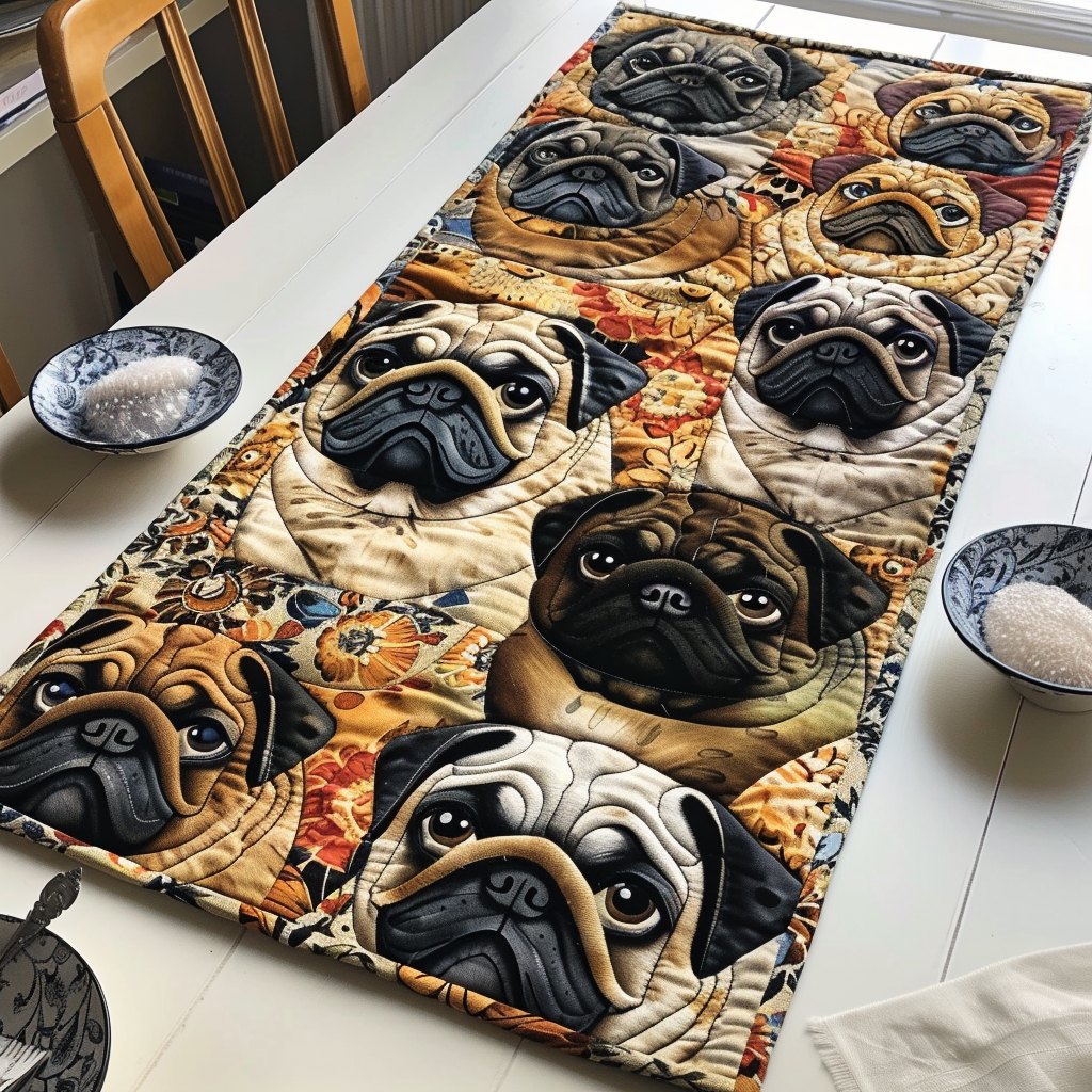 Pugs on Cream Floral Print Table Runner