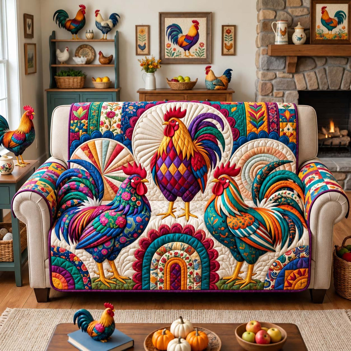 Colorful Rooster Trio Sofa Cover