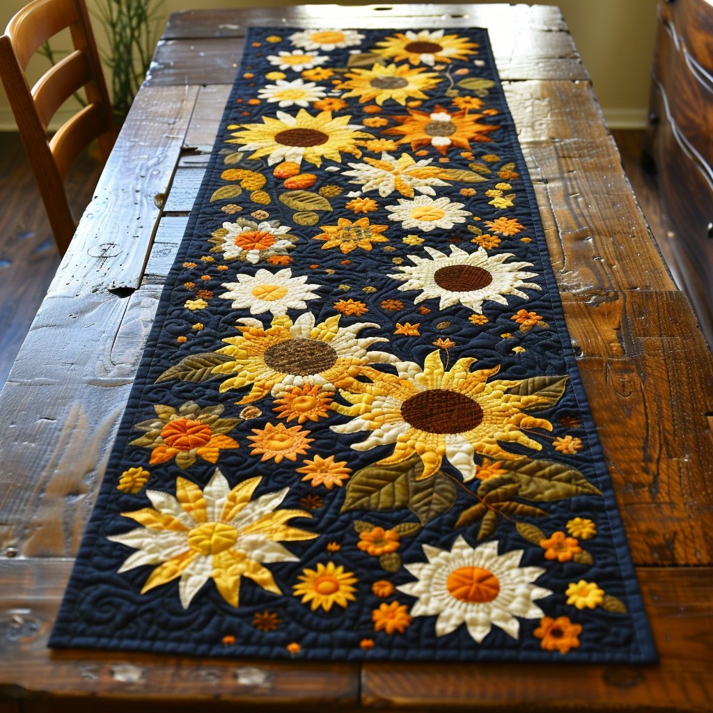 White and Yellow Sunflowers on Navy Table Runner