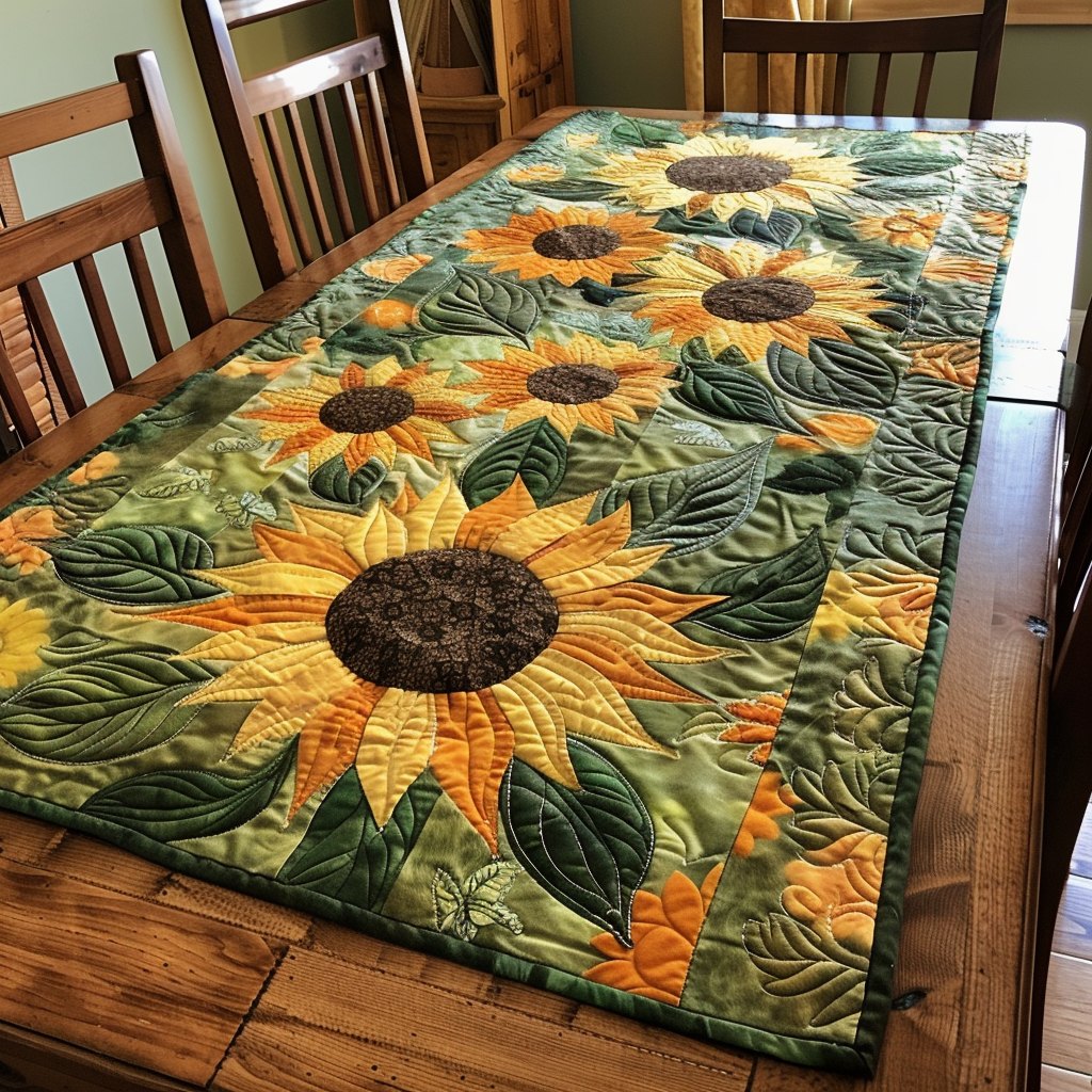 Large Sunflower on Green Leaves Table Runner