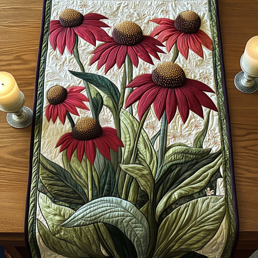 Red and Pink Coneflowers on Cream Table Runner