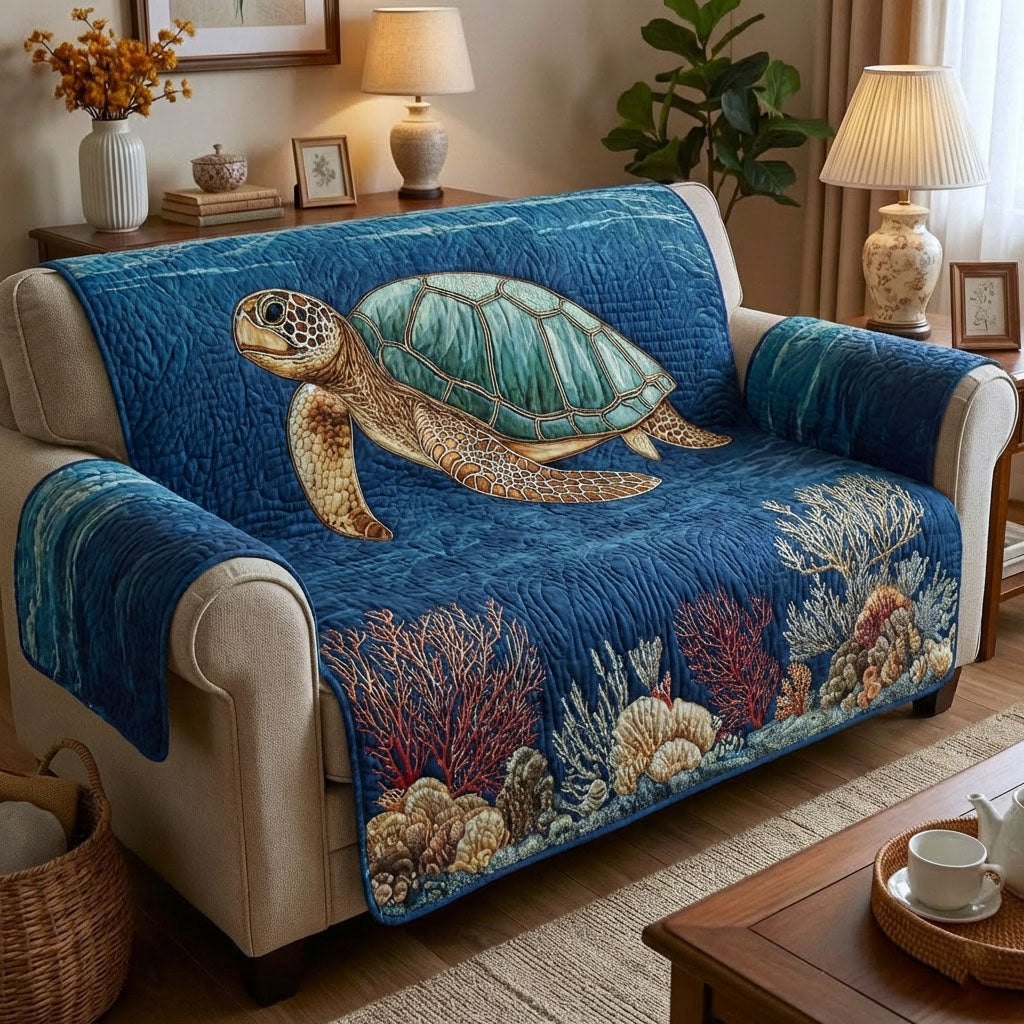 Sea Turtle Over the Deep Blue Reef Sofa Cover