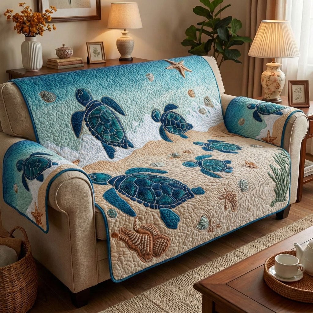 Turtle Family Crossing the Shoreline Sofa Cover