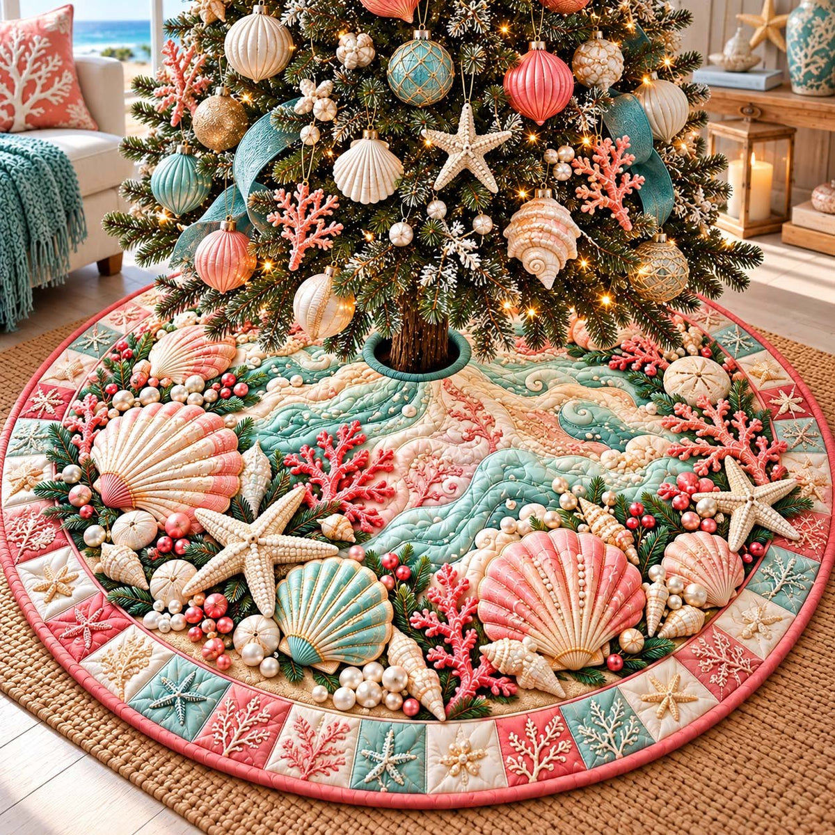 Coral Seashell Christmas Tree Skirt