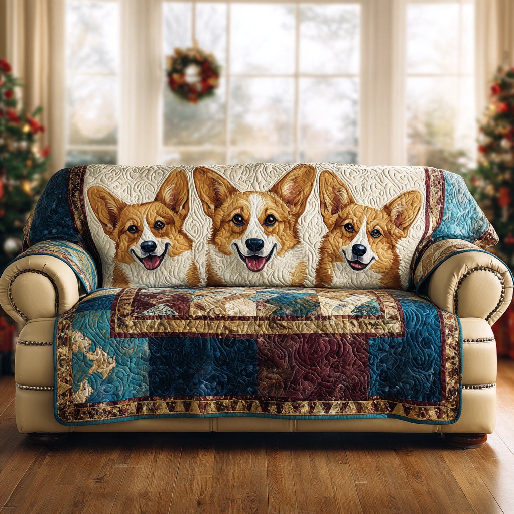 Three Corgi Faces on Blue Patchwork Sofa Cover