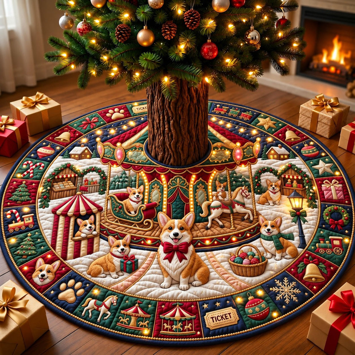 Corgi Christmas Carousel Christmas Tree Skirt