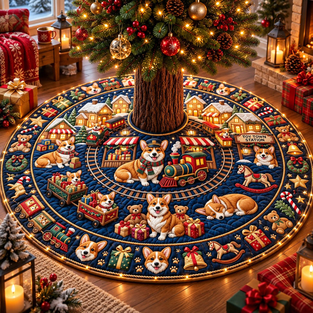 Corgi Toy Train Christmas Tree Skirt