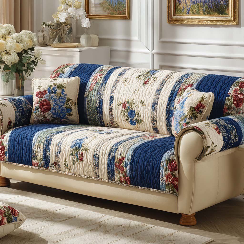 Blue Floral Stripes and Cream Patchwork Sofa Cover