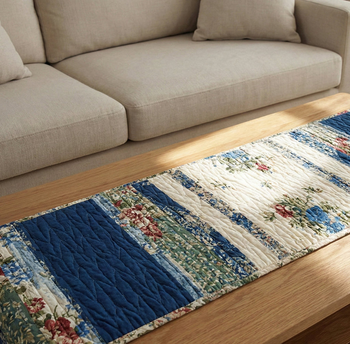 Blue and Cream Patchwork Stripes Table Runner