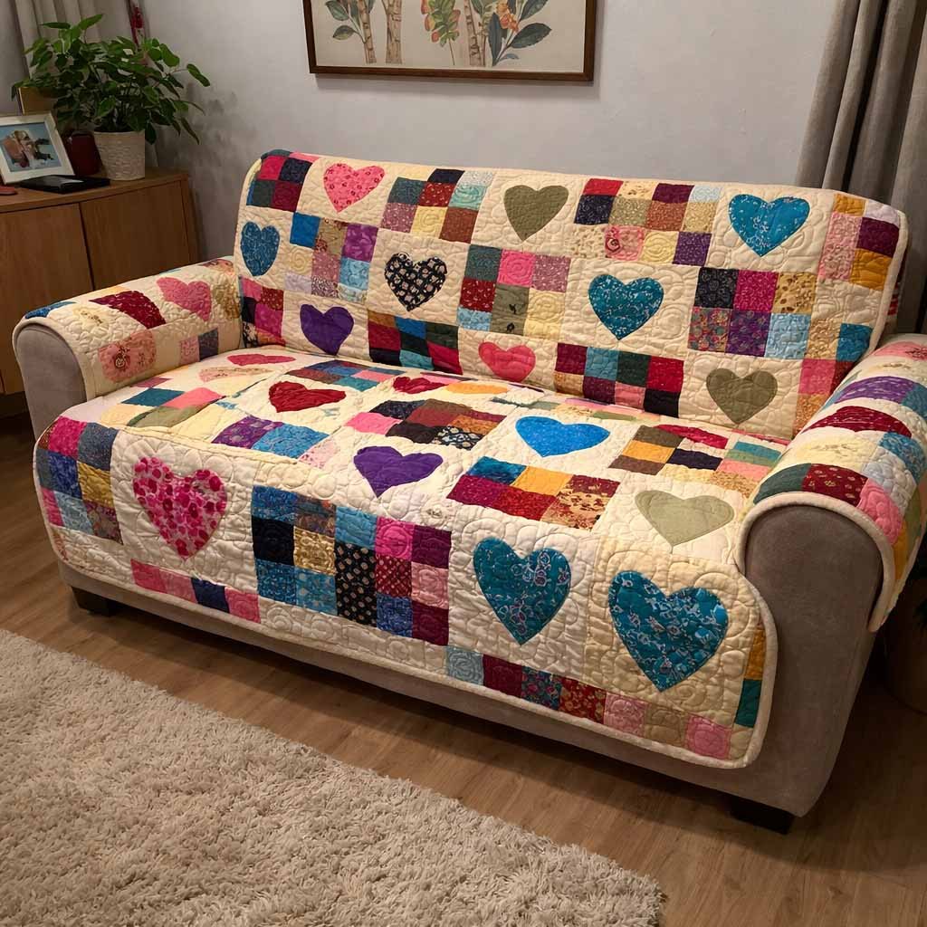 Patchwork Hearts in Jewel Colors Sofa Cover