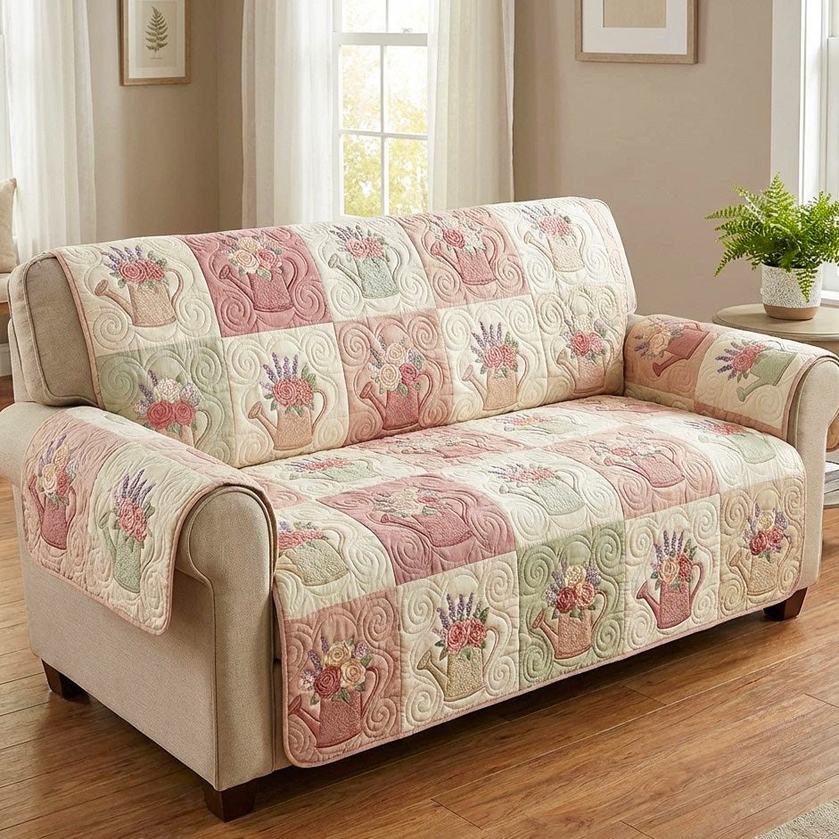 Soft Pink Cottage Floral Squares Sofa Cover
