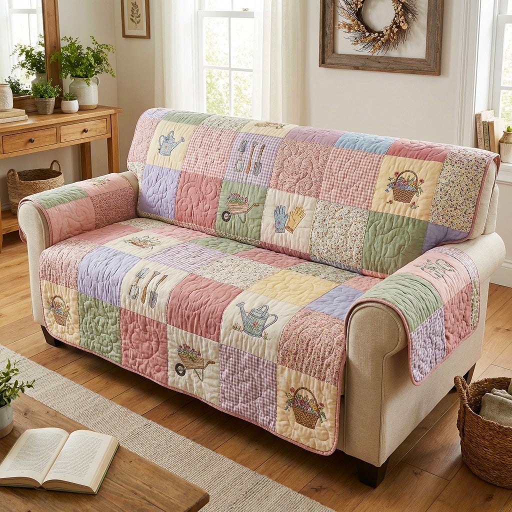 Pastel Garden Tiles with Watering Cans Sofa Cover
