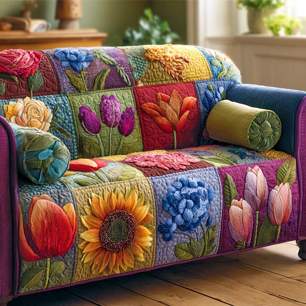Tulips and Sunflowers in Vivid Blocks Sofa Cover