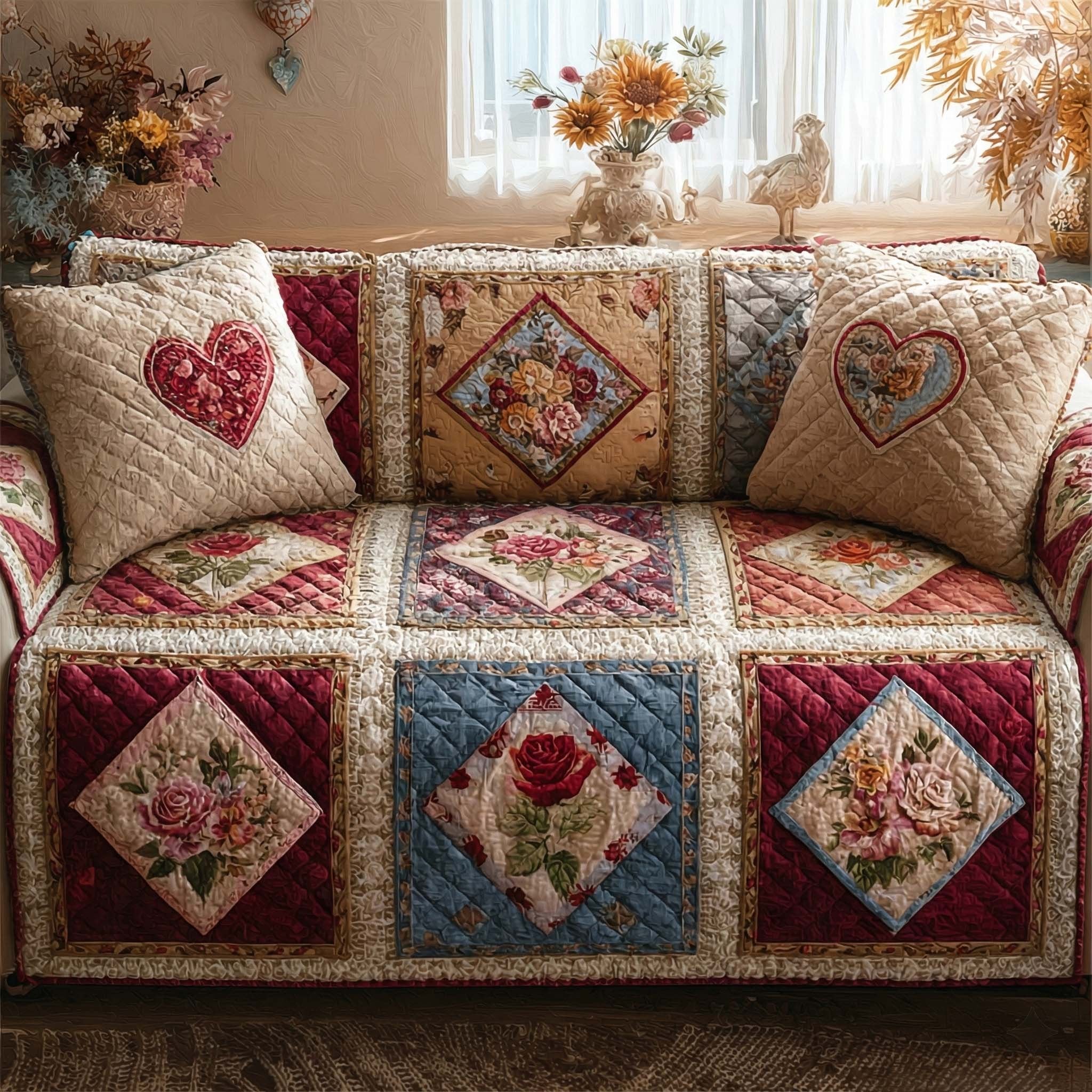 Cottage Rose Heart Sofa Cover