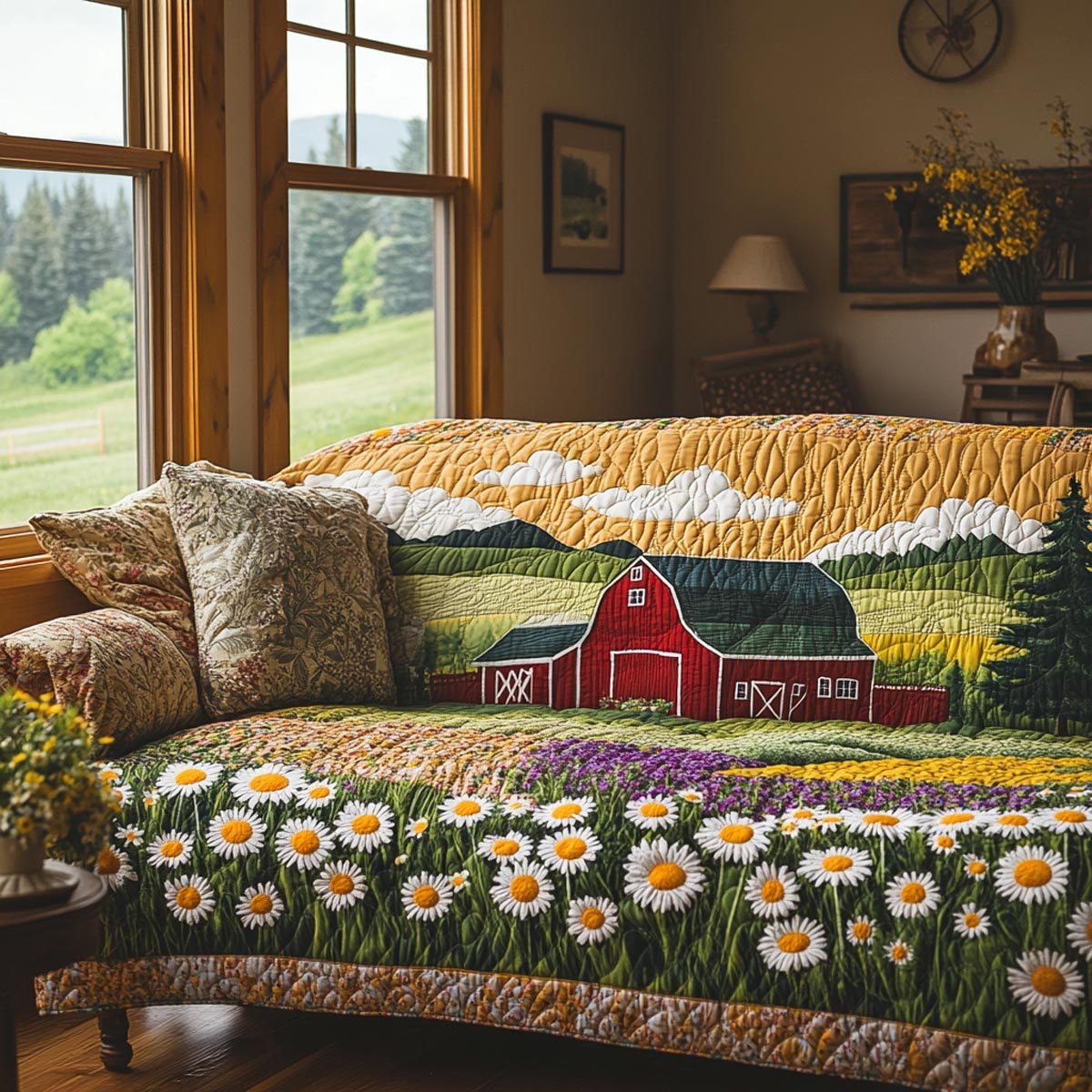 Red Barn Beyond the Daisy Field Sofa Cover