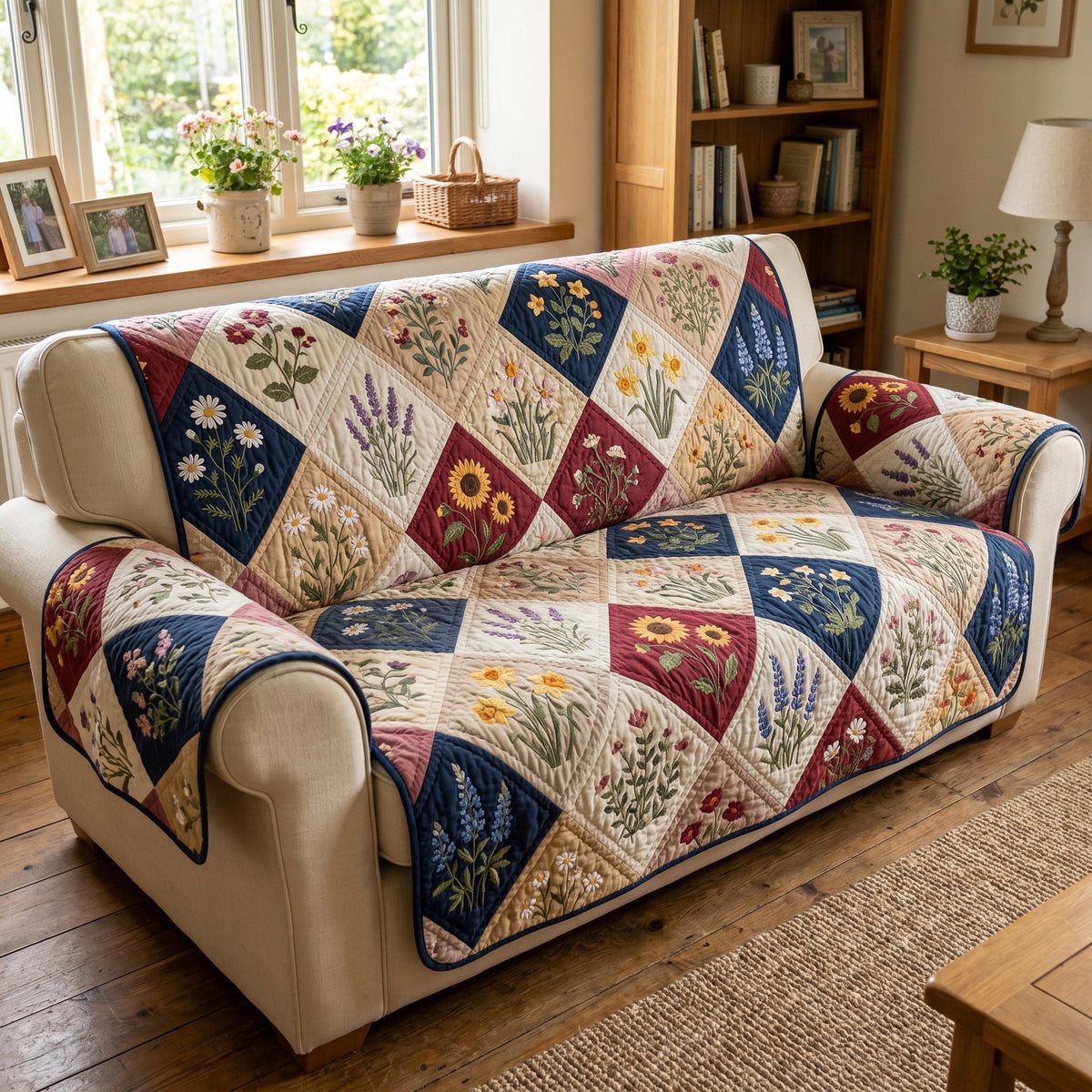 Botanical Squares in Navy and Cream Sofa Cover
