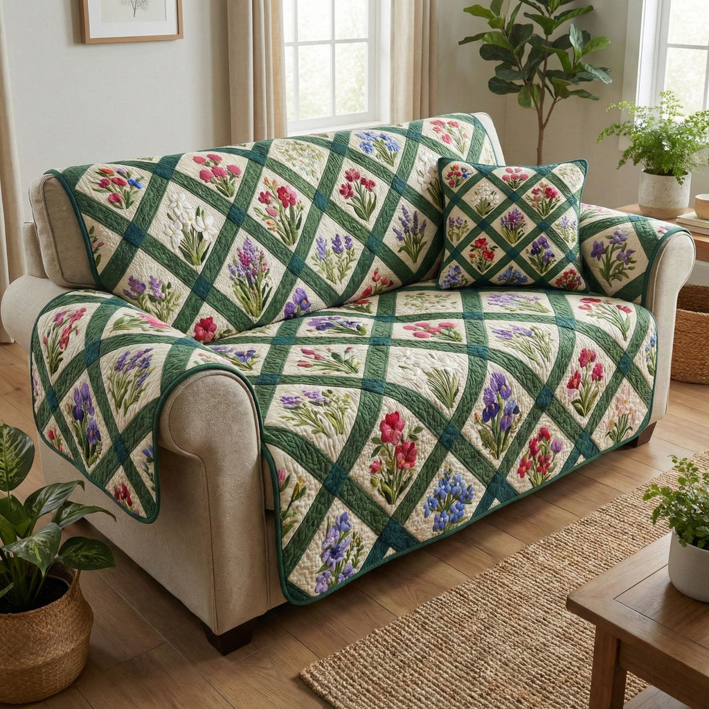 Wildflowers in a Green Lattice Sofa Cover