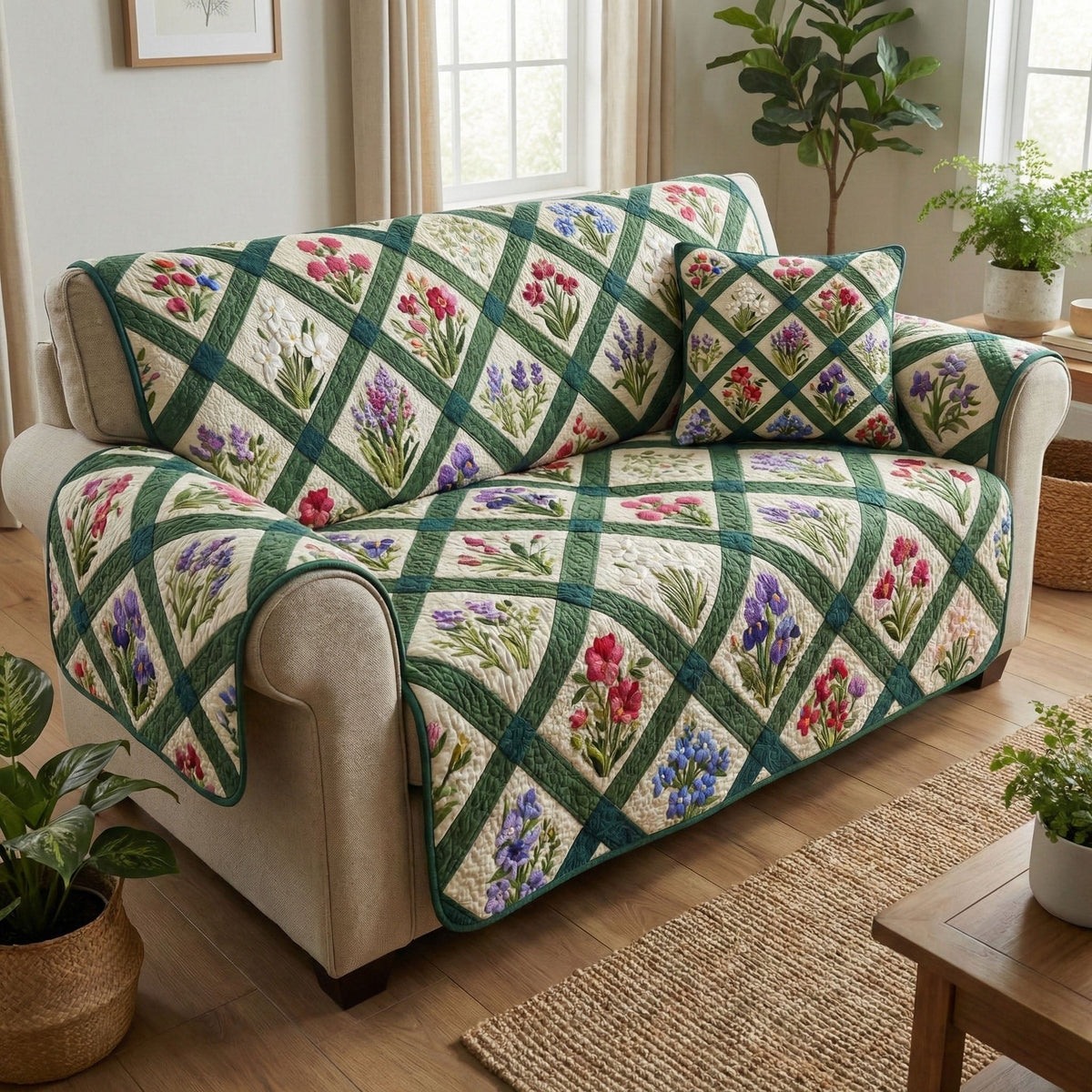 Wildflowers in a Green Lattice Sofa Cover